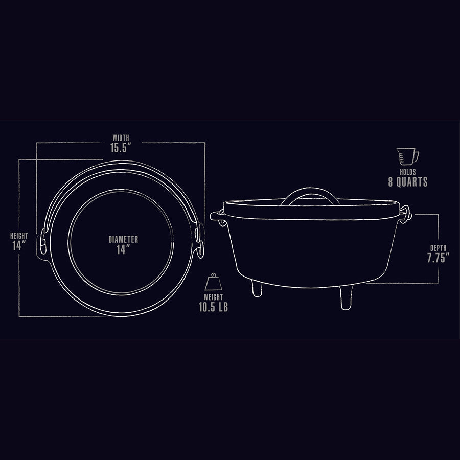 black and white line drawing of cast iron dimensions