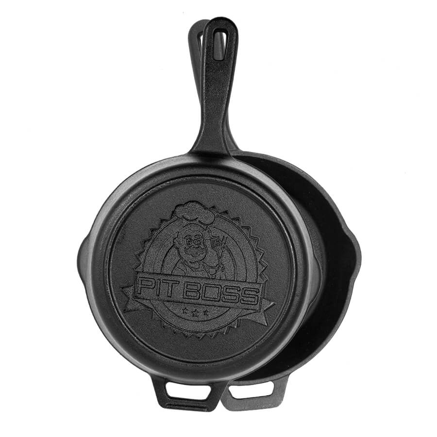 Pit Boss 14in Cast Iron Deep Skillet with Lid. Front and back. Pit Boss logo large on back.