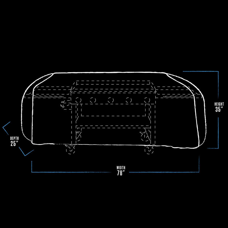 pit boss griddle cover dimension drawing black and white with blue accents. measures 78" x 25" x 35"