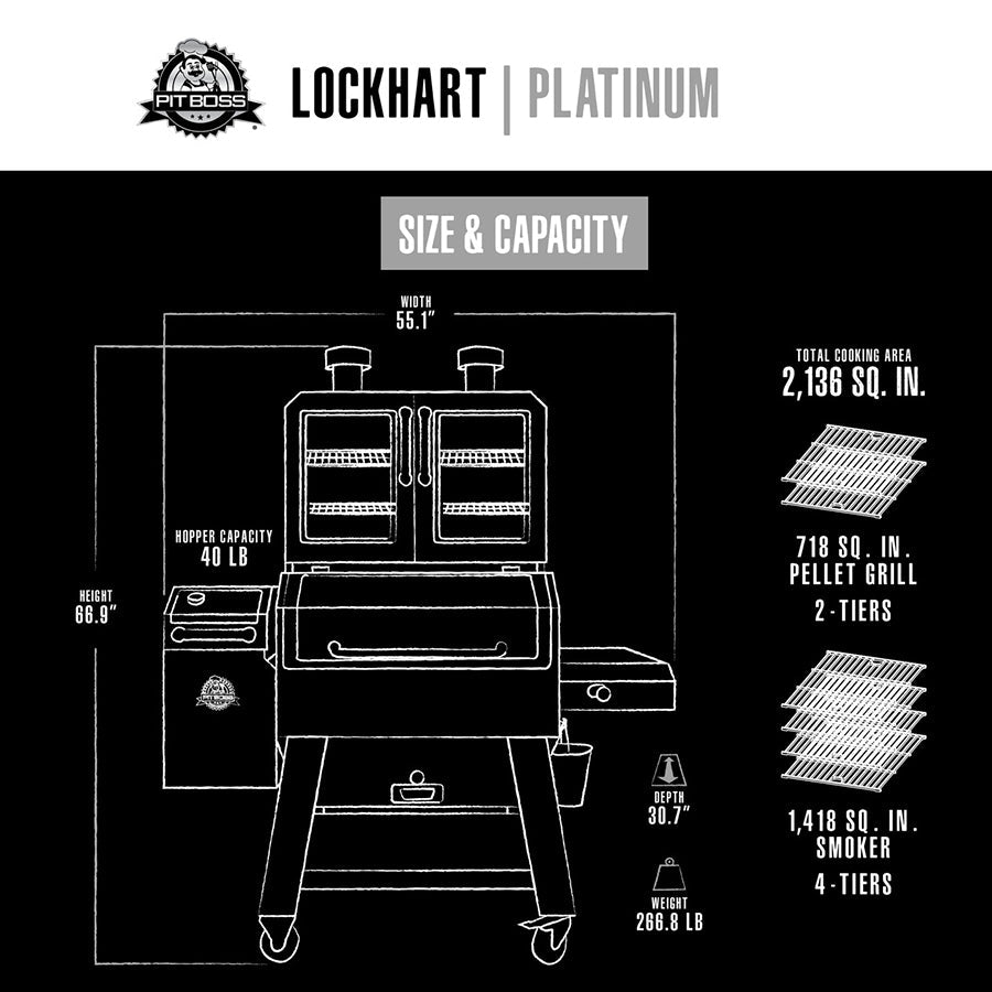 White graphic representation of the exterior dimensions of the grill.  Size and capacity demonstated.