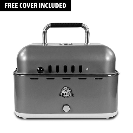 Portable Charcoal Grill with a free cover and bag included. Silver with black accents. Pit Boss logo on the front of the grill.