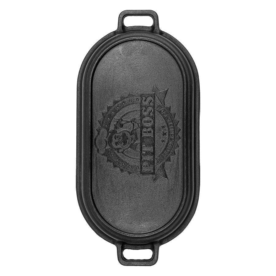 top of cast iron lid, engraved pit boss logo