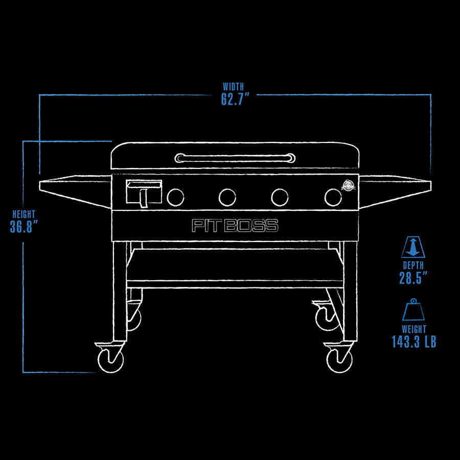 White and blue graphic representation of the exterior dimensions of the smoker.