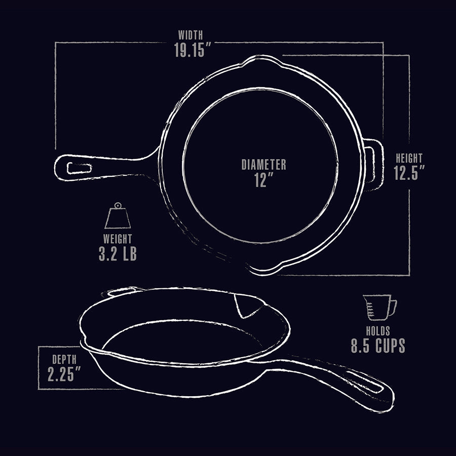 White representation of the exterior dimensions of iron cast skillet.