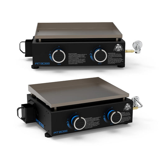 Pit Boss 2-Burner Tabletop Griddle. Displaying both the front view and a side view of the portable griddle. Black with blue accents.