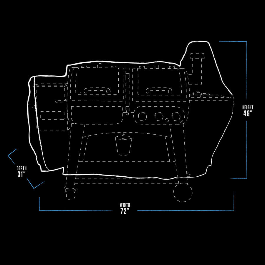 White and blue graphic representation of the exterior dimensions of the grill cover.