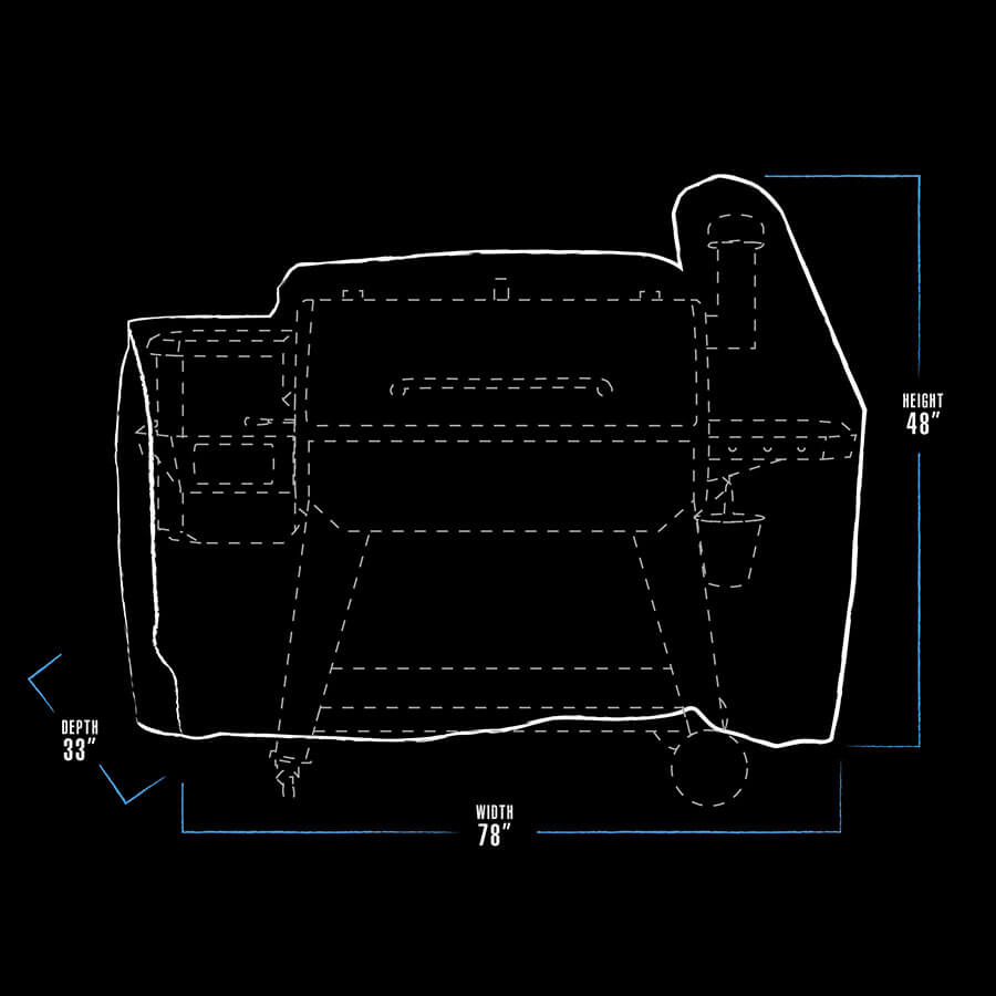 White and blue graphic representation of the exterior dimensions of the grill cover.