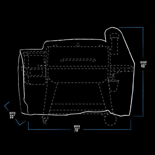 White and blue graphic representation of the exterior dimensions of the grill cover.