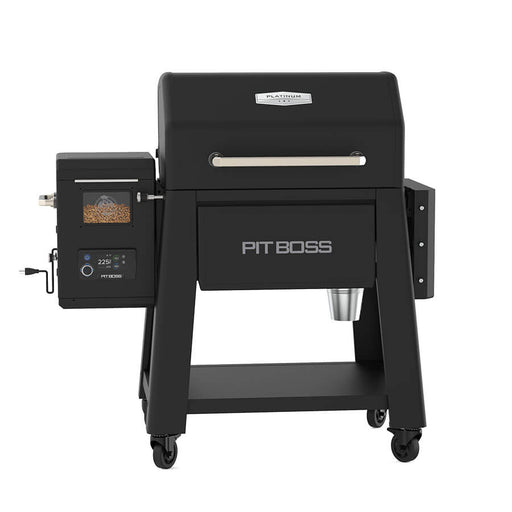 Platinum 1250 Wood Pellet Grill. Black with silver accents. Now with Wi-Fi and Bluetooth. Pellet Hoppe displayed. Side table down. Front view.