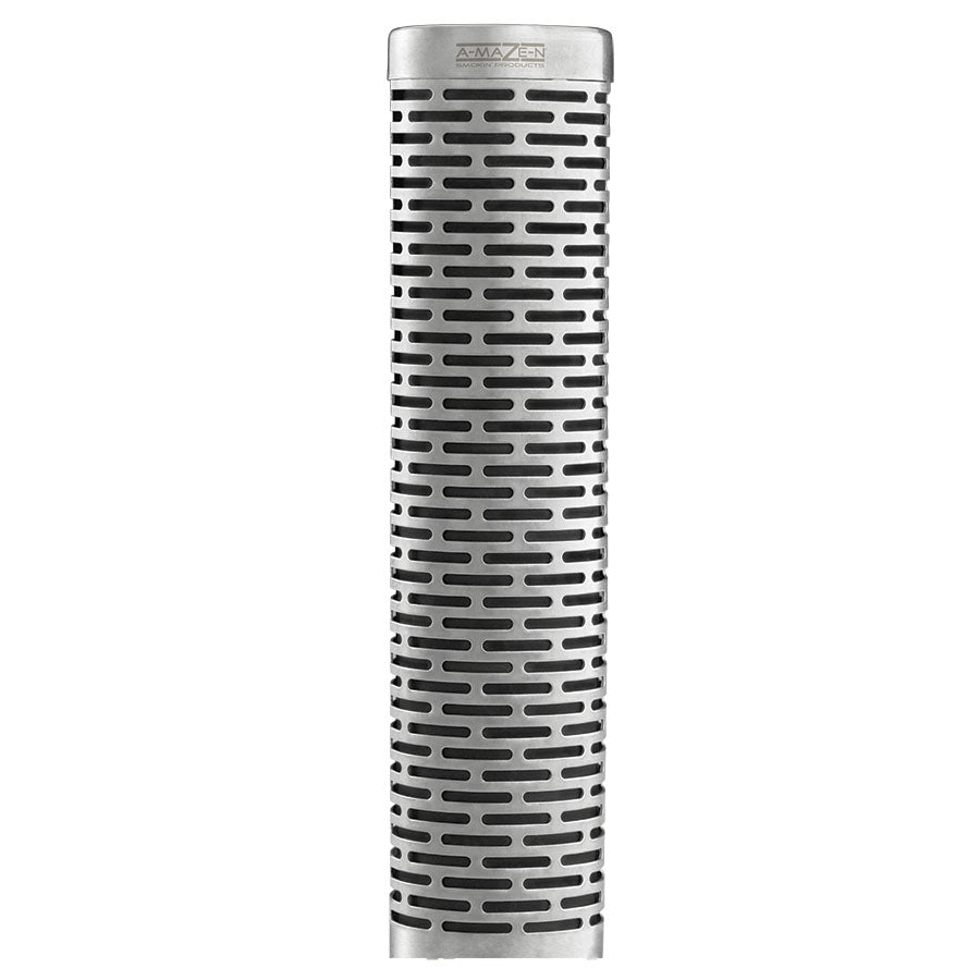 Silver, cylindrical smoker tube with a-maze-n logo engraved on end and holes for air