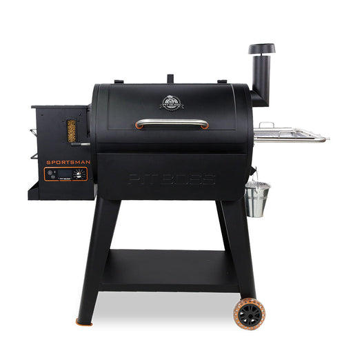 Pit boss sportsman 820 wood pellet grill. Black with orange accents. Side table and digital control board displayed.