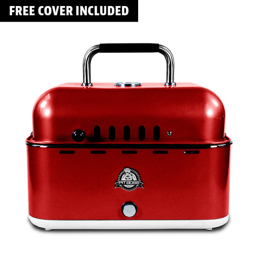 Portable Charcoal Grill with a free cover and bag included. Red with black accents. Pit Boss logo on the front of the grill.