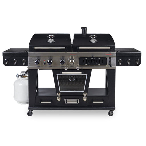 Pit Boss Memphis Ultimate Combo Grill. Black combo grill with silver accents. Front view.