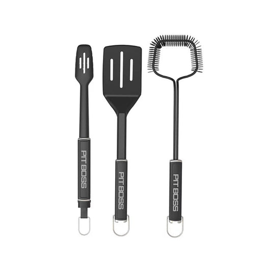 3-Piece Grilling Set. Incluides 3-piece set includes spatula, locking tongs, and extended wire cleaning brush. All black with silver accents and Pit Boss name on handle largely.