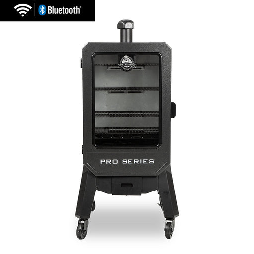 Black smoker with small Pit boss logo on transparent door and engraved "Pro Series" on front