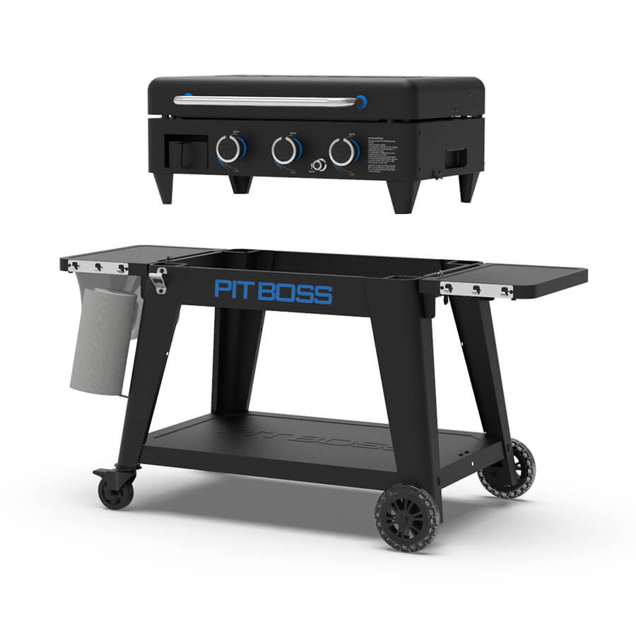 Black griddle with blue and silver accents. Large blue "Pit Boss" logo across front. Top griddle portion shown 'lifted-off' the cart for portable function