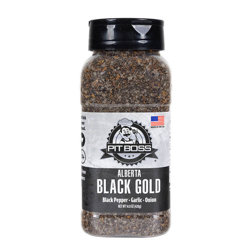 Pit Boss Alberta Black Gold BBQ Spice Rub - black and white label on plastic bottle