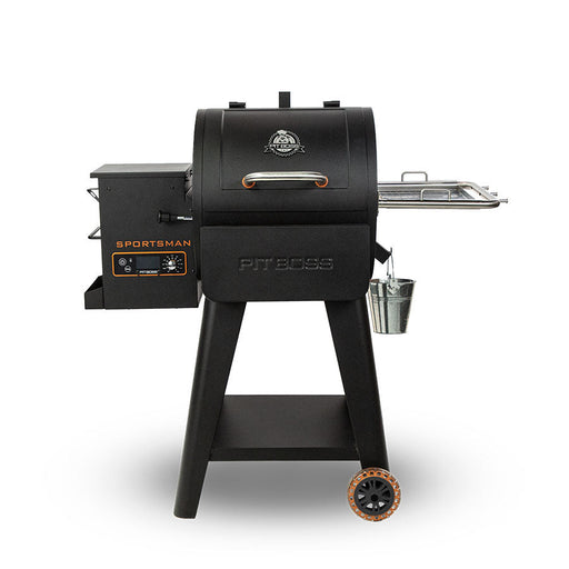 pit boss sportsman 500 wood pellet grill, black with orange accents. side table