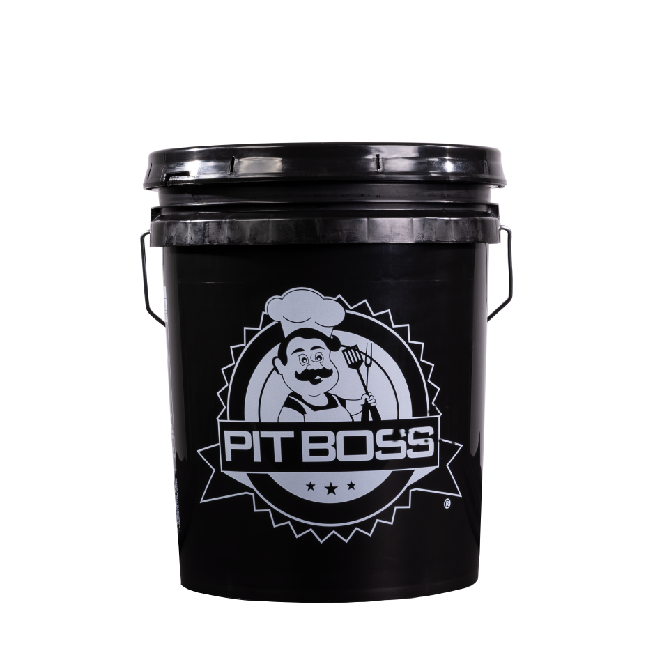 Pit Boss 5-Gallon Pellet Storage Bucket. Black bucket with Large Pit Boss logo in middle.