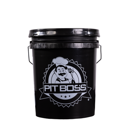 Pit Boss 5-Gallon Pellet Storage Bucket. Black bucket with Large Pit Boss logo in middle.