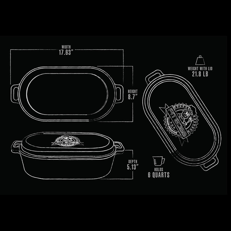 White representation of the exterior dimensions of cast iron roaster with lid.