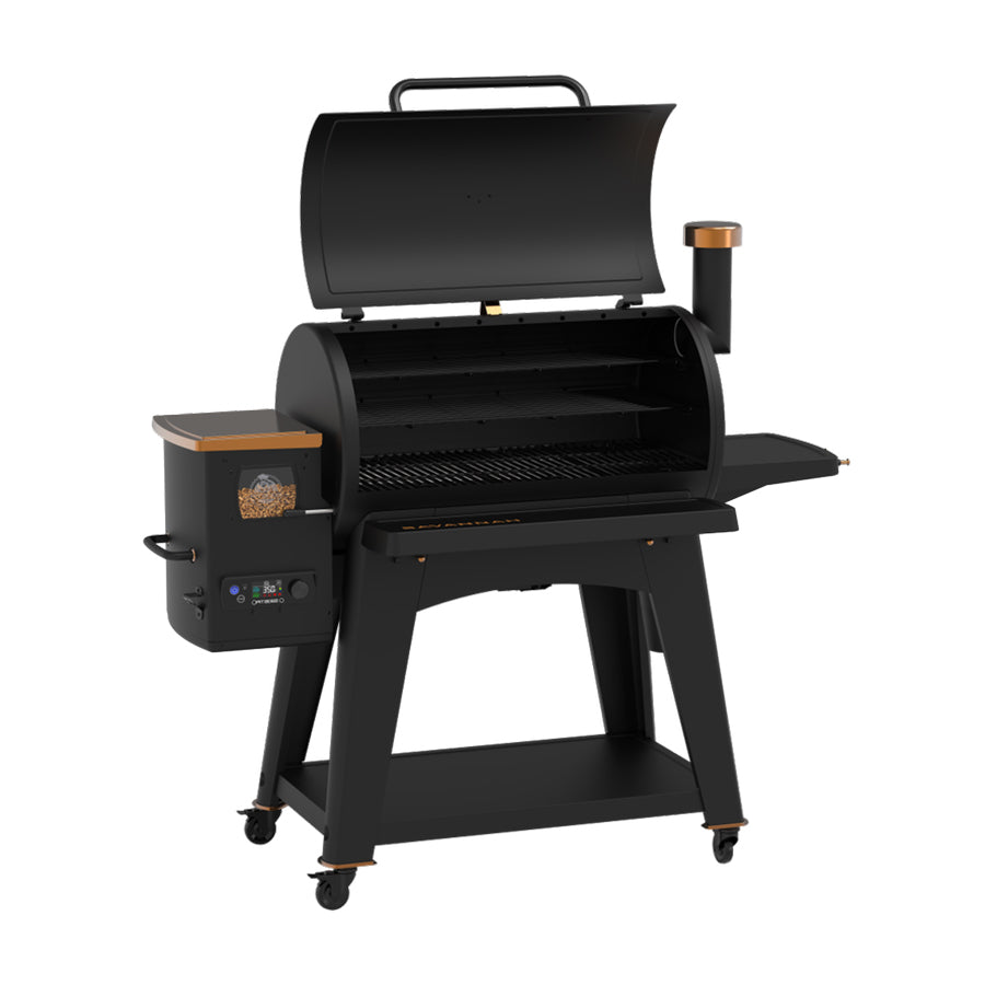 pit boss savannah wood pellet grill onyx edition studio shot, side angle lid open