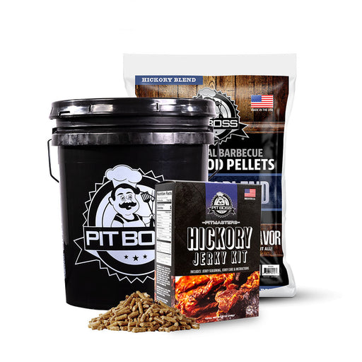 The Pit Boss Pit Master Hickory Jerky Bucket Kit comes with a 5 gallon all-weather storage bucket that can hold up to 20+ lbs of wood pellets with a lid, a hickory jerky prep seasoning kit, and 20 lbs. of Hickory Blend Hardwood Pellets.