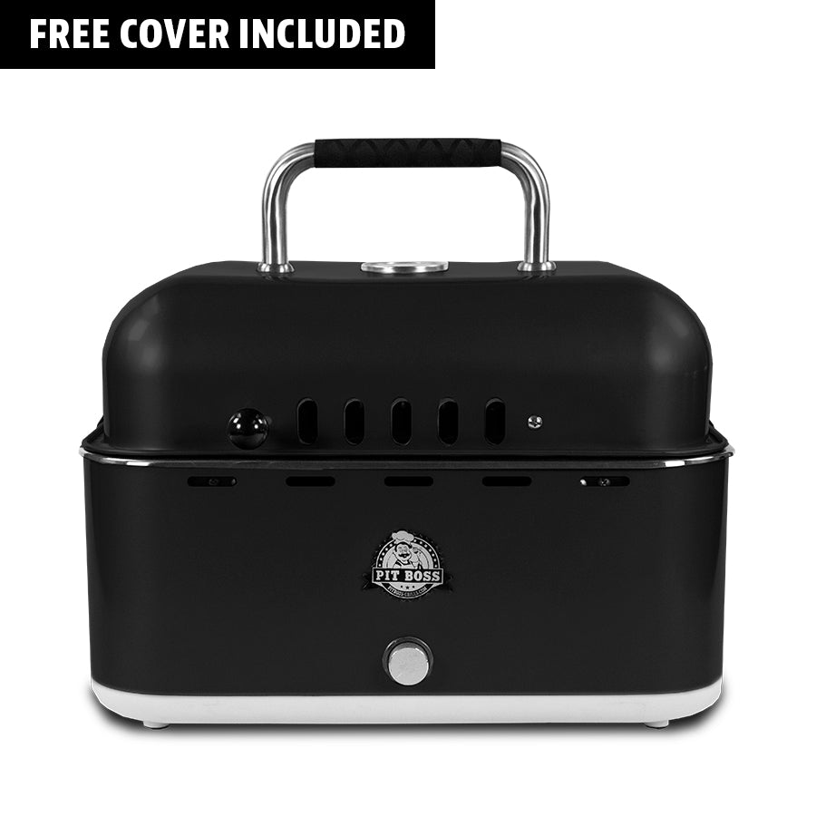 Portable Charcoal Grill with a free cover and bag included. Black with silver accents. Pit Boss logo on the front of the grill.