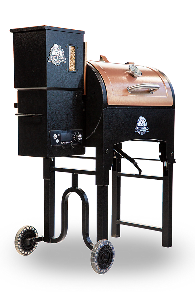 Hopper expansion on Pit Boss grill. Side view. Copper grill.