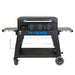 Pit Boss 3-Burner Ultimate Lift-Off Griddle. Black with blue accents. Pit Boss in blue across the front of the grill. Clear wheels.