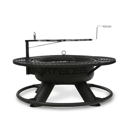 Black fire pit with round shape and black lettering: Pit Boss