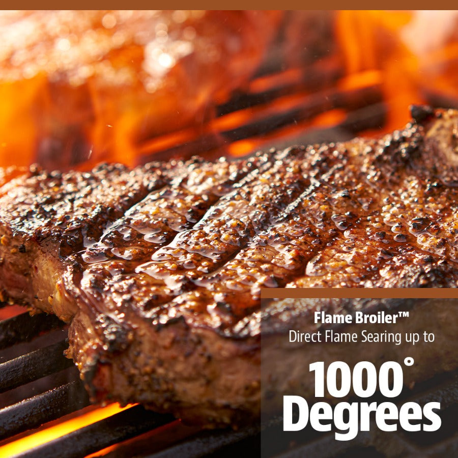 Up close of steak being seared in open flame on grill rack