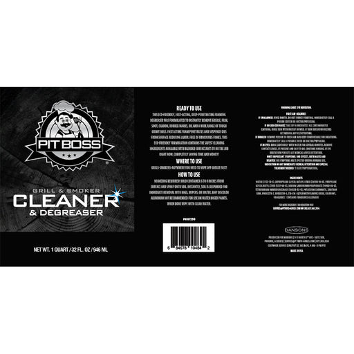 Label of the grill cleaner. Black with white font. Bar cade shown.