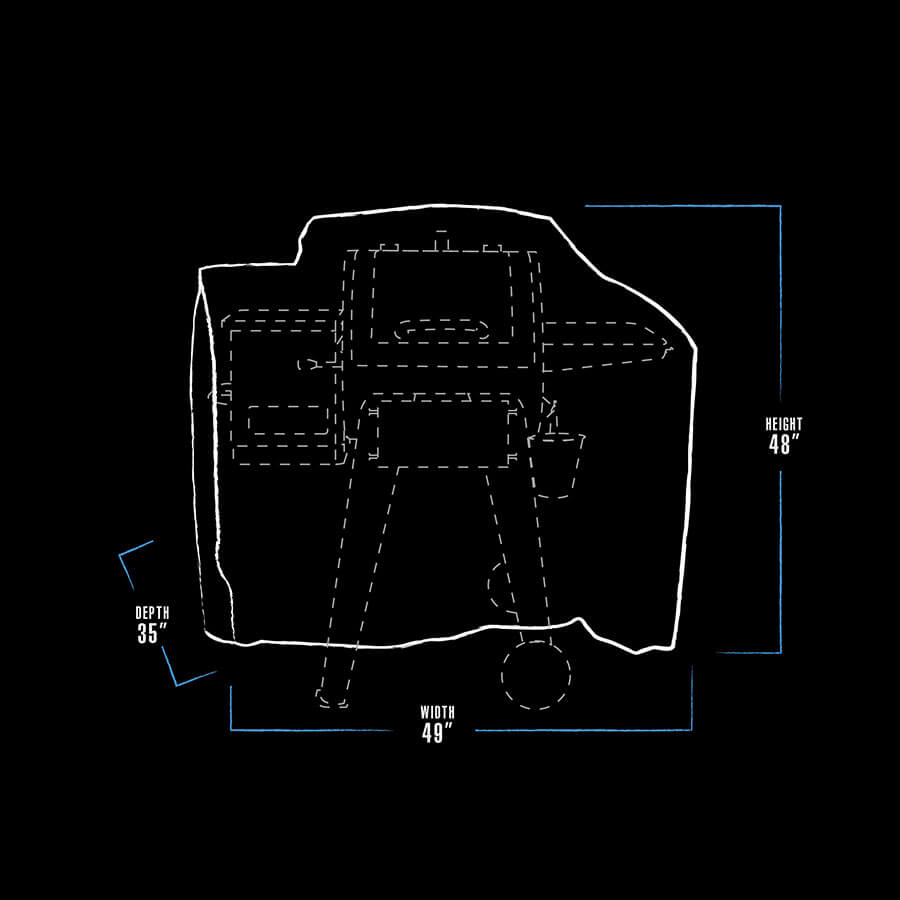 black and white grill cover dimension with blue accents. bbq cover measures 49" x 35" x 48"