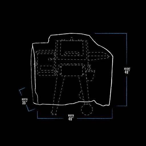 black and white grill cover dimension with blue accents. bbq cover measures 49" x 35" x 48"