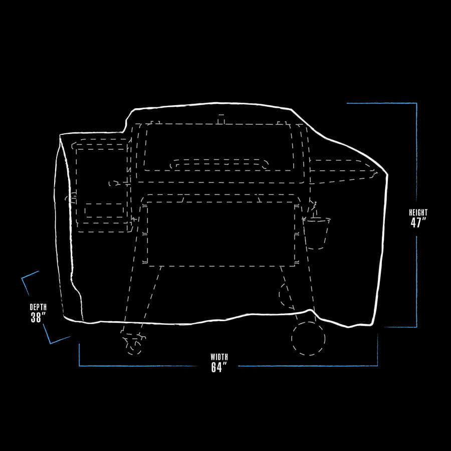 black and white grill cover dimension drawing with blue accents. measures 64" x 38" x 47"