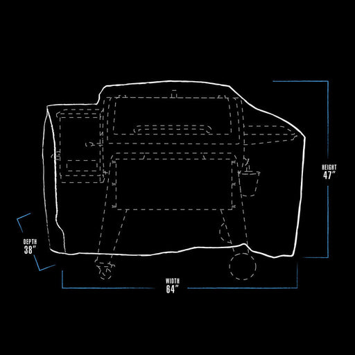 black and white grill cover dimension drawing with blue accents. measures 64" x 38" x 47"