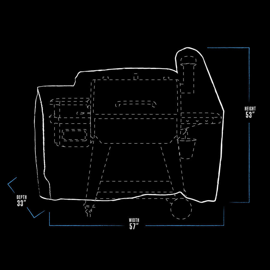 White and blue graphic representation of the exterior dimensions of the grill cover.