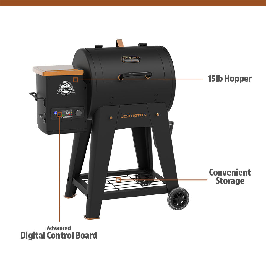 Labeled Pit Boss Lexington 500 Wood Pellet Grill. Black with orange accents.