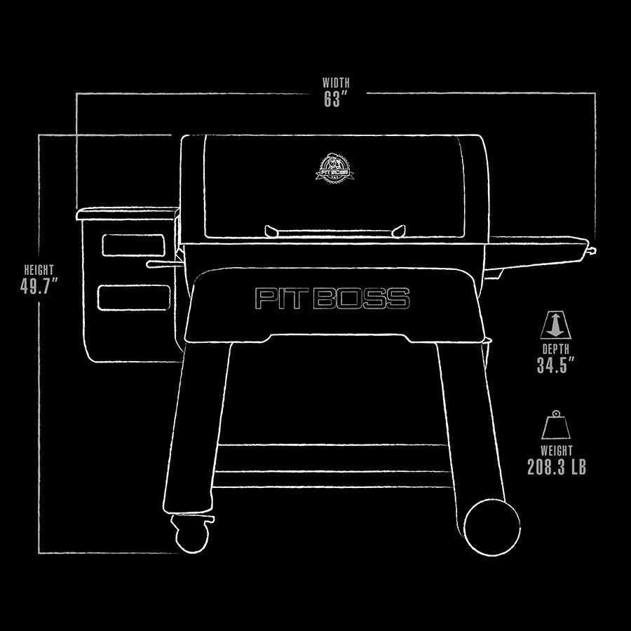 black and white line drawing of grill that shows exterior dimensions