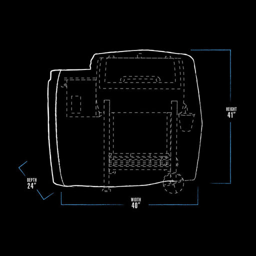 black and white line drawing of bbw grill cover with blue accents. measures 40" x 24" x 41"