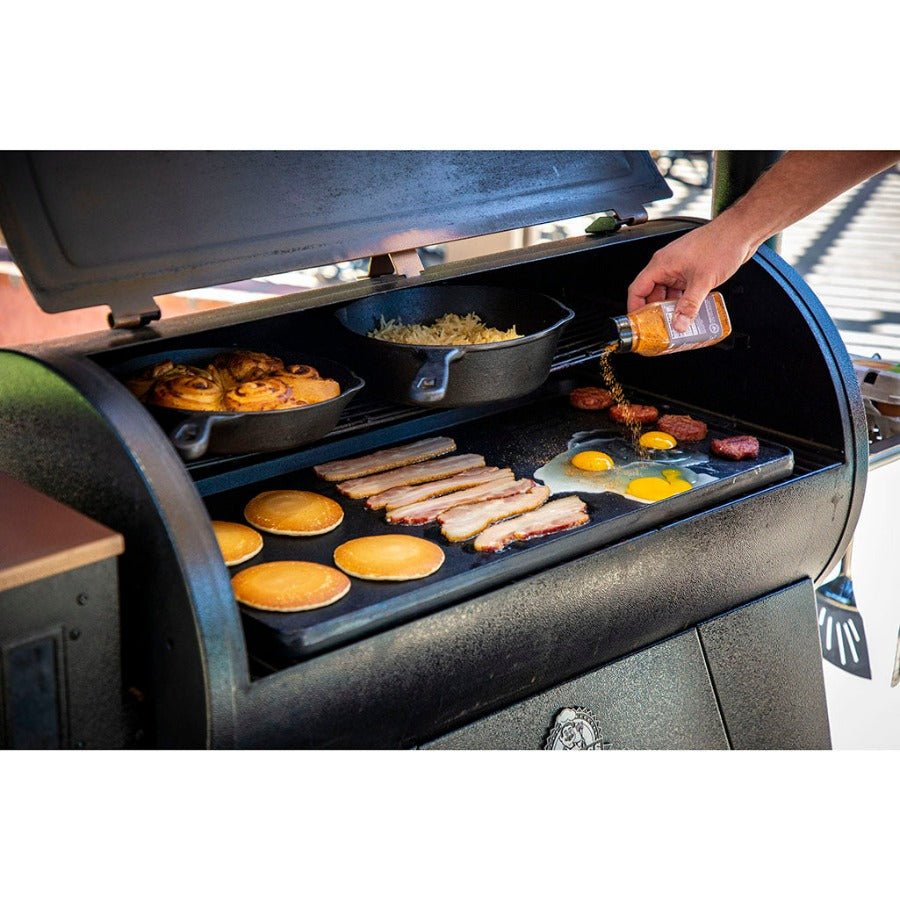 lifestyle_2, griddle used on bottom shelf of pit boss grill to cook breakfast foods