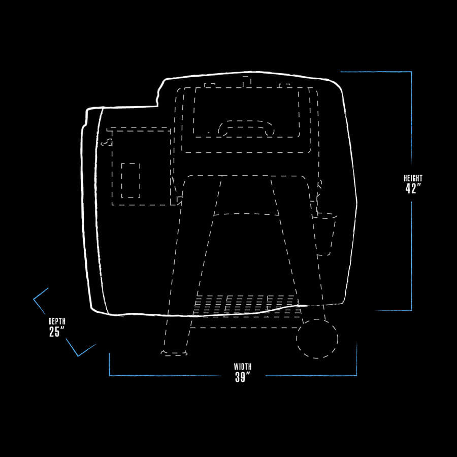 White and blue graphic representation of the exterior dimensions of the grill cover.