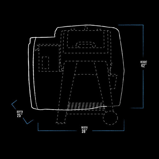 White and blue graphic representation of the exterior dimensions of the grill cover.