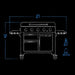 blue and white line drawing of exterior dimensions of griddle. black background