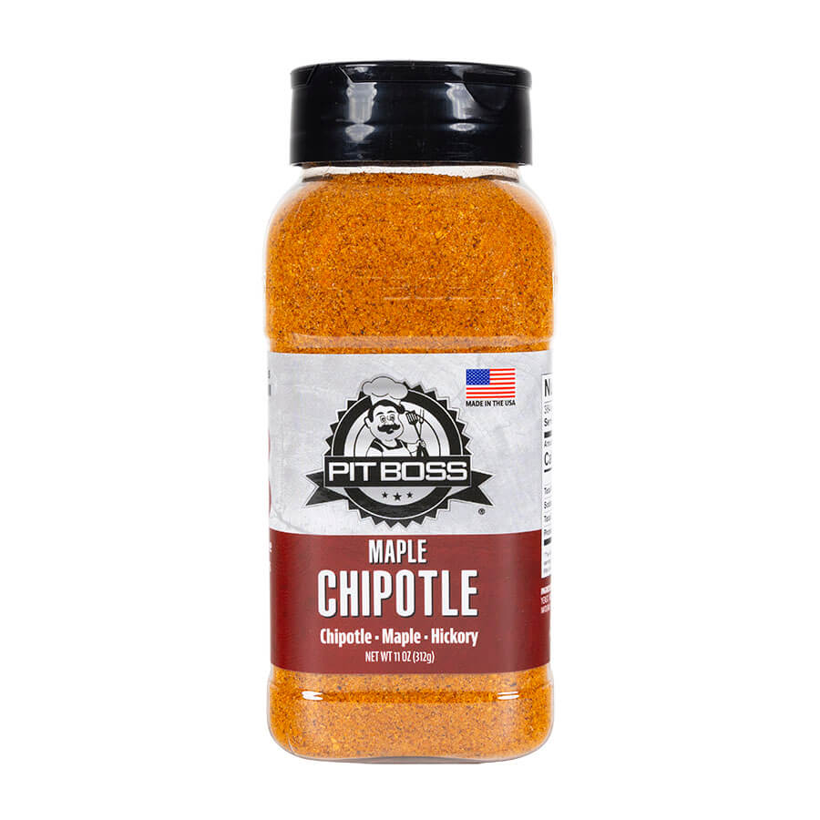 Pit Boss Maple Chipotle BBQ Spice Rub - white and red plastic spice bottle label