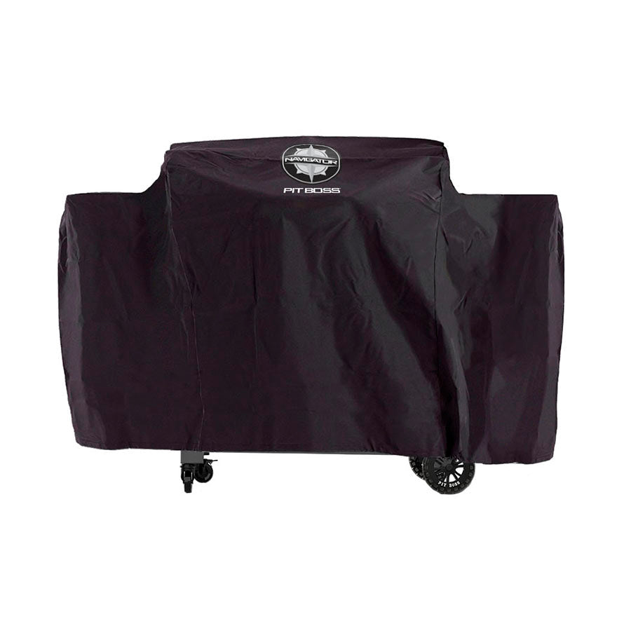 Black grill cover with white pit boss/navigator logo design on top