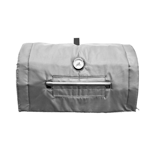 Silvery grey cover with holes for temperature gauge and hood handlesilver grey bbq insulated grill blanket studio image