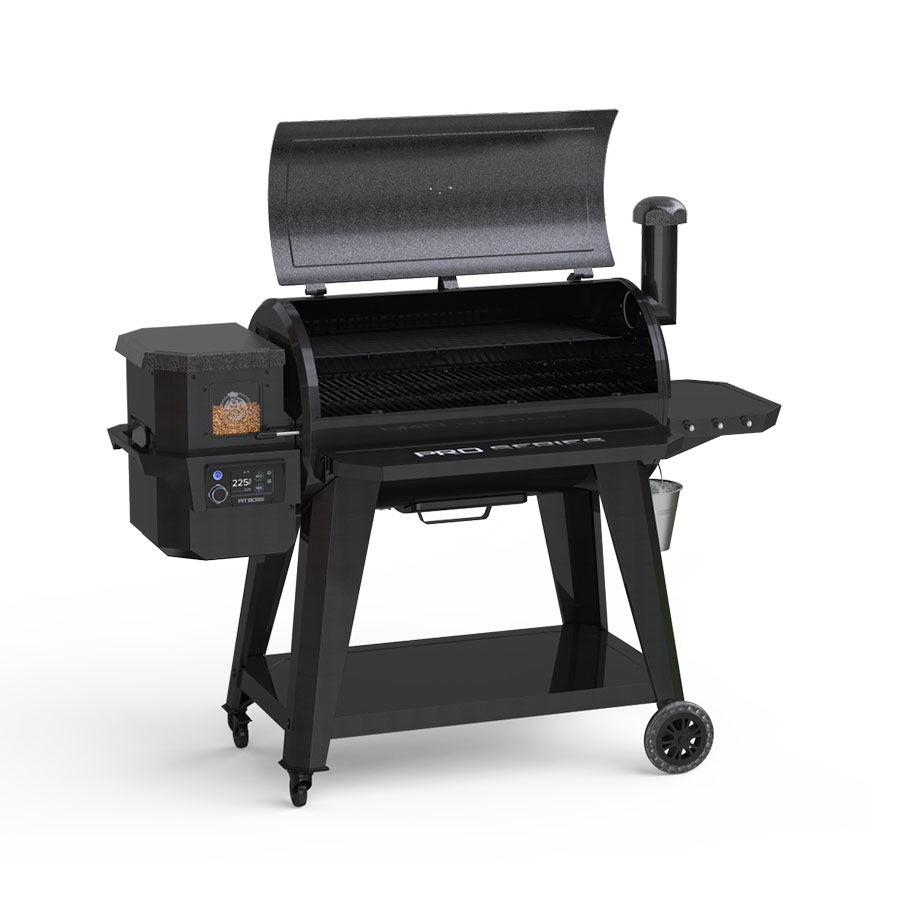 Pit Boss Pro Series 3 1150 Wood Pellet Grill. Now with Wi-Fi and bluetooth. Black grill with "pro Series" labeled in white on the front. Hood open. Side view.