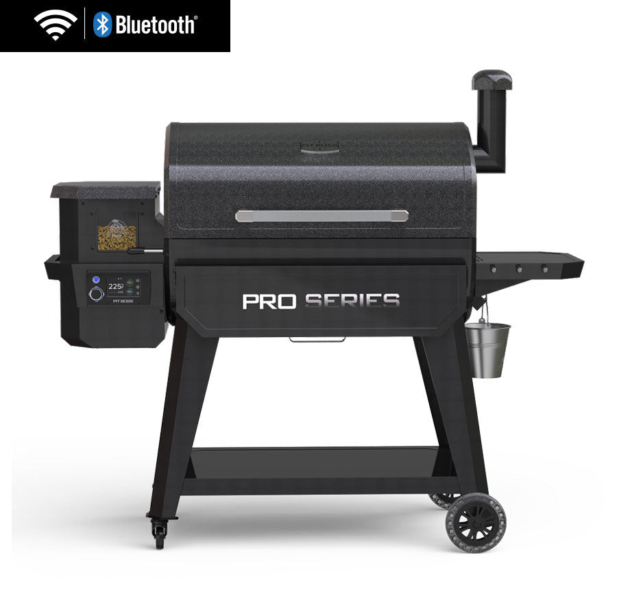 Pit Boss Pro Series 3 1600 Wood Pellet Grill. Black with silver accents. Pellet Hooper with side table displayed.